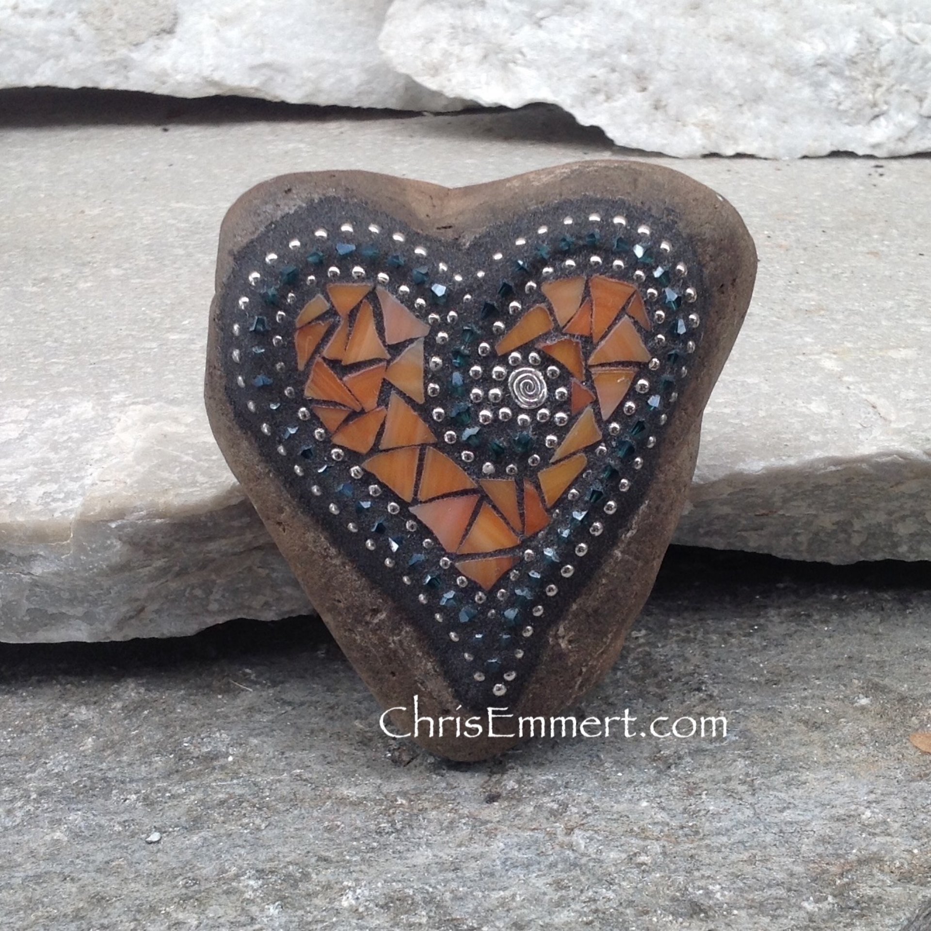Orange Mosaic Heart, Mosaic Rock, Mosaic Garden Stone, Home Decor, Gardening, Gardening Gift,