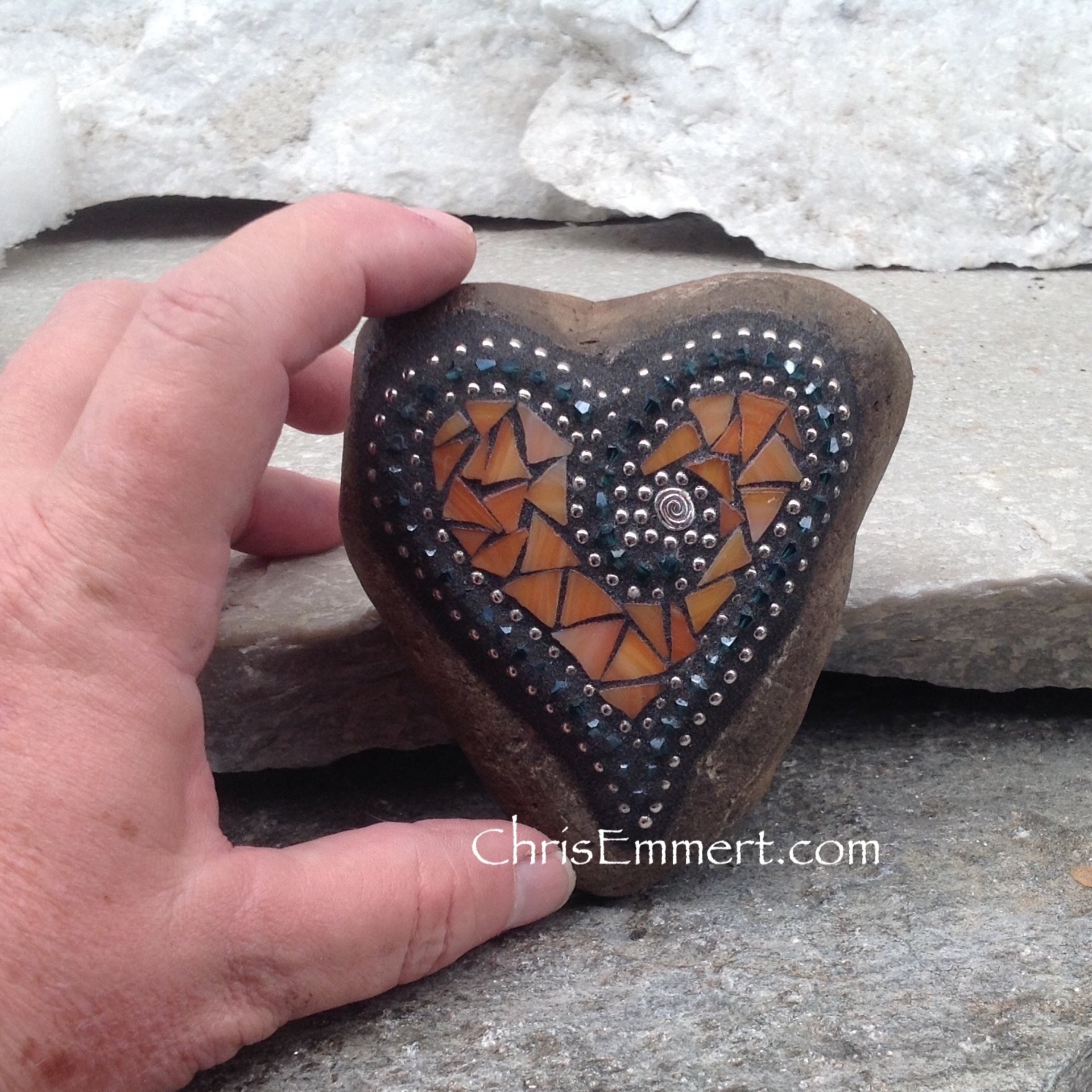 Orange Mosaic Heart, Mosaic Rock, Mosaic Garden Stone, Home Decor, Gardening, Gardening Gift,