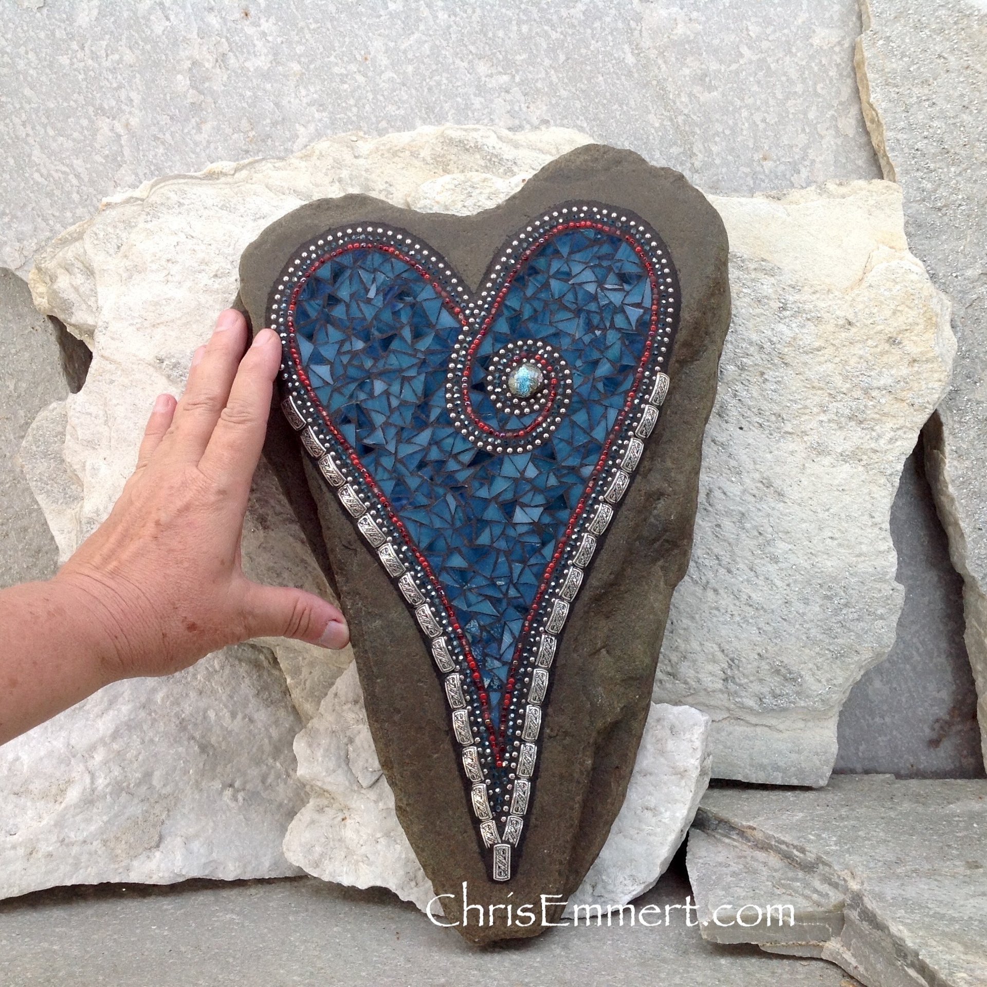 Large Turquoise Heart  Mosaic Garden Stone