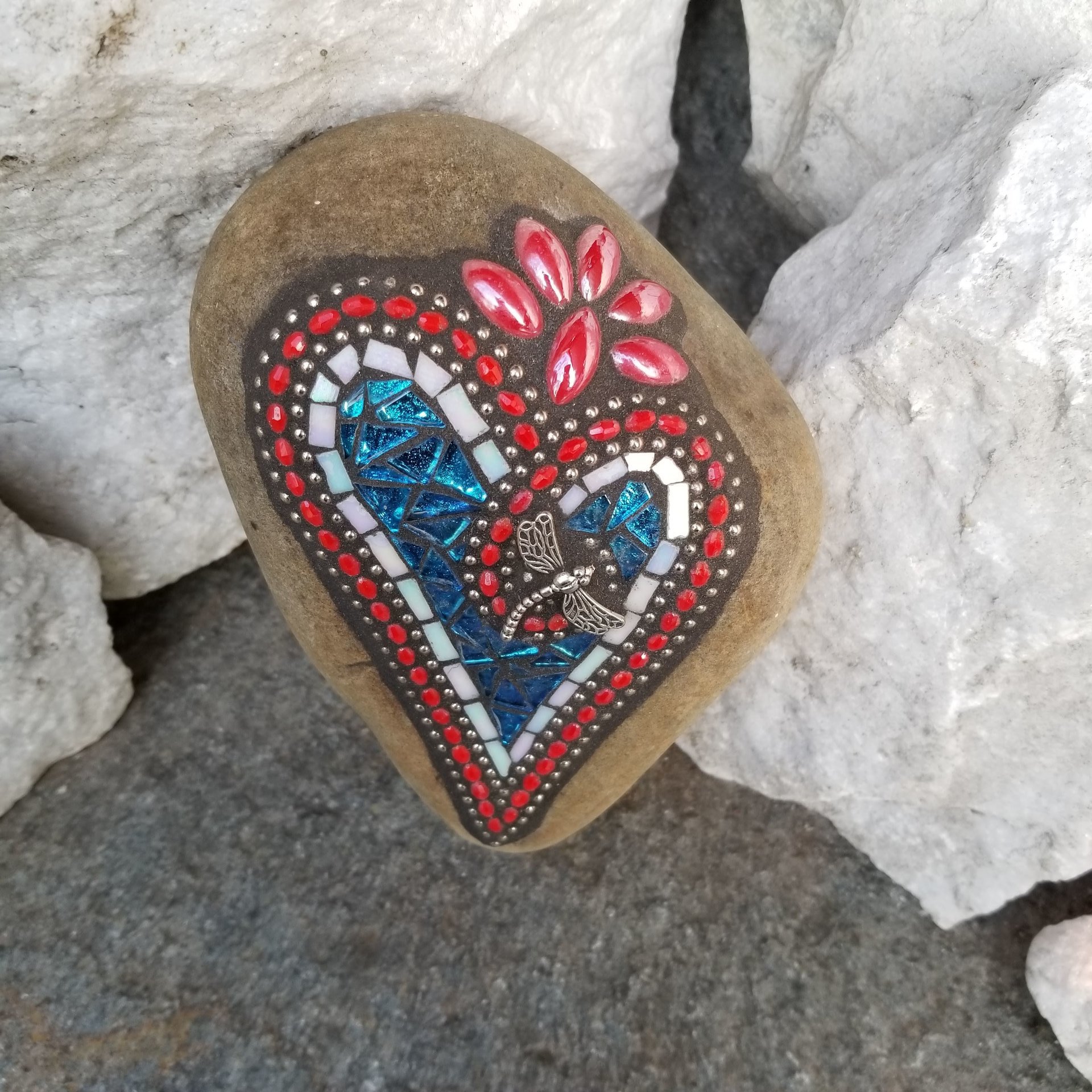 Americana Heart Mosaic / Garden Stone, Dragonfly