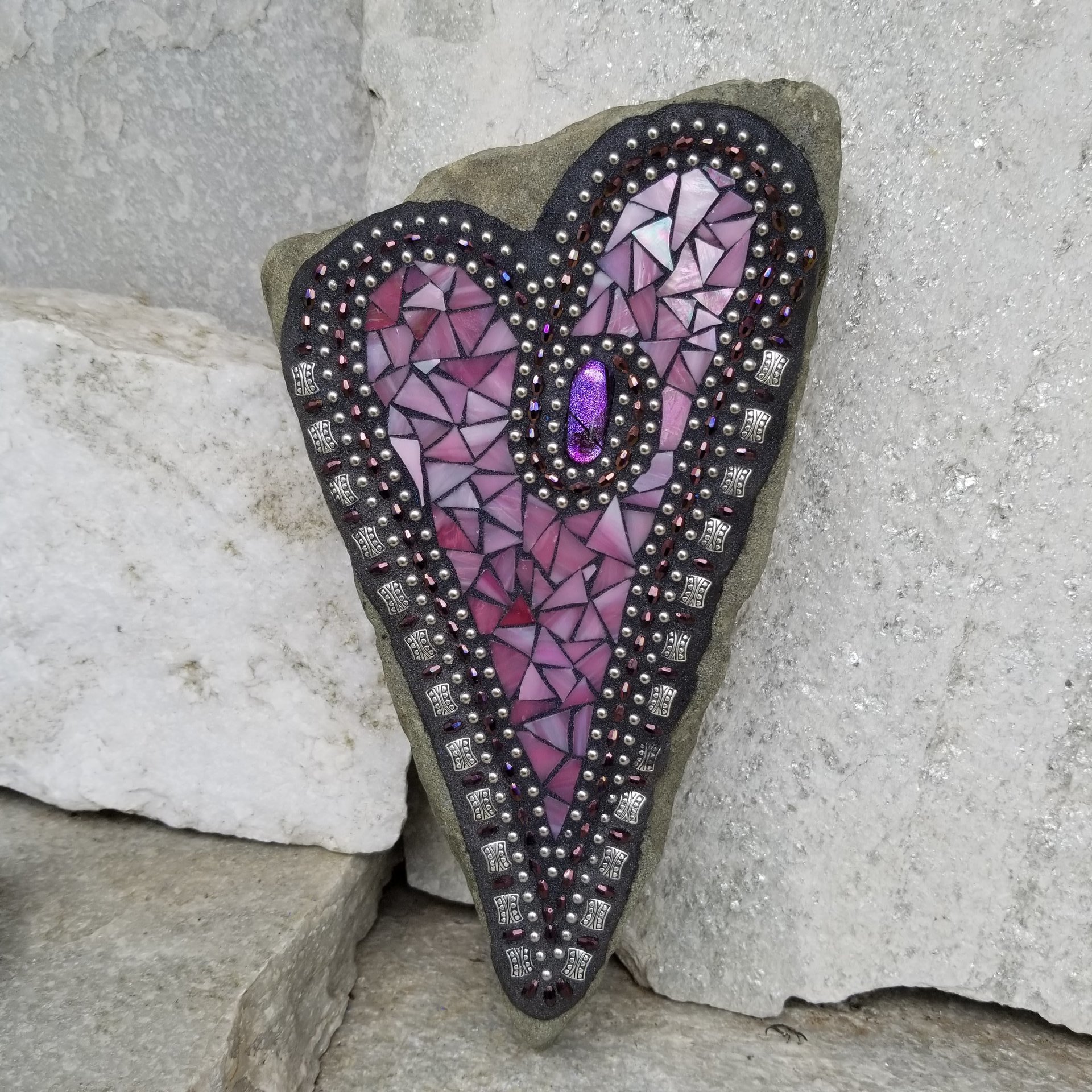  Pink Heart Mosaic Garden Stone