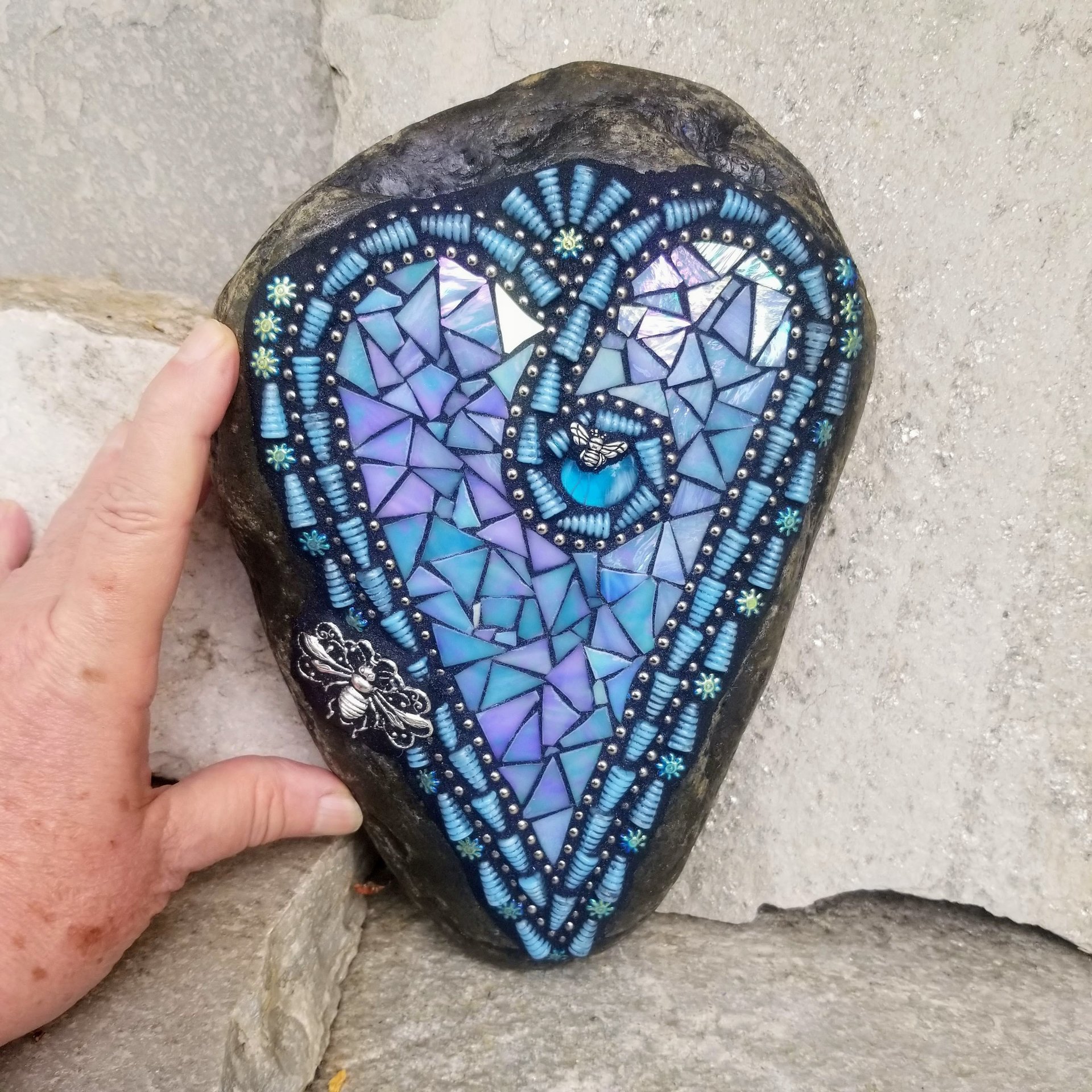 Iridescent Blue Mosaic Heart Garden Stone, Bee