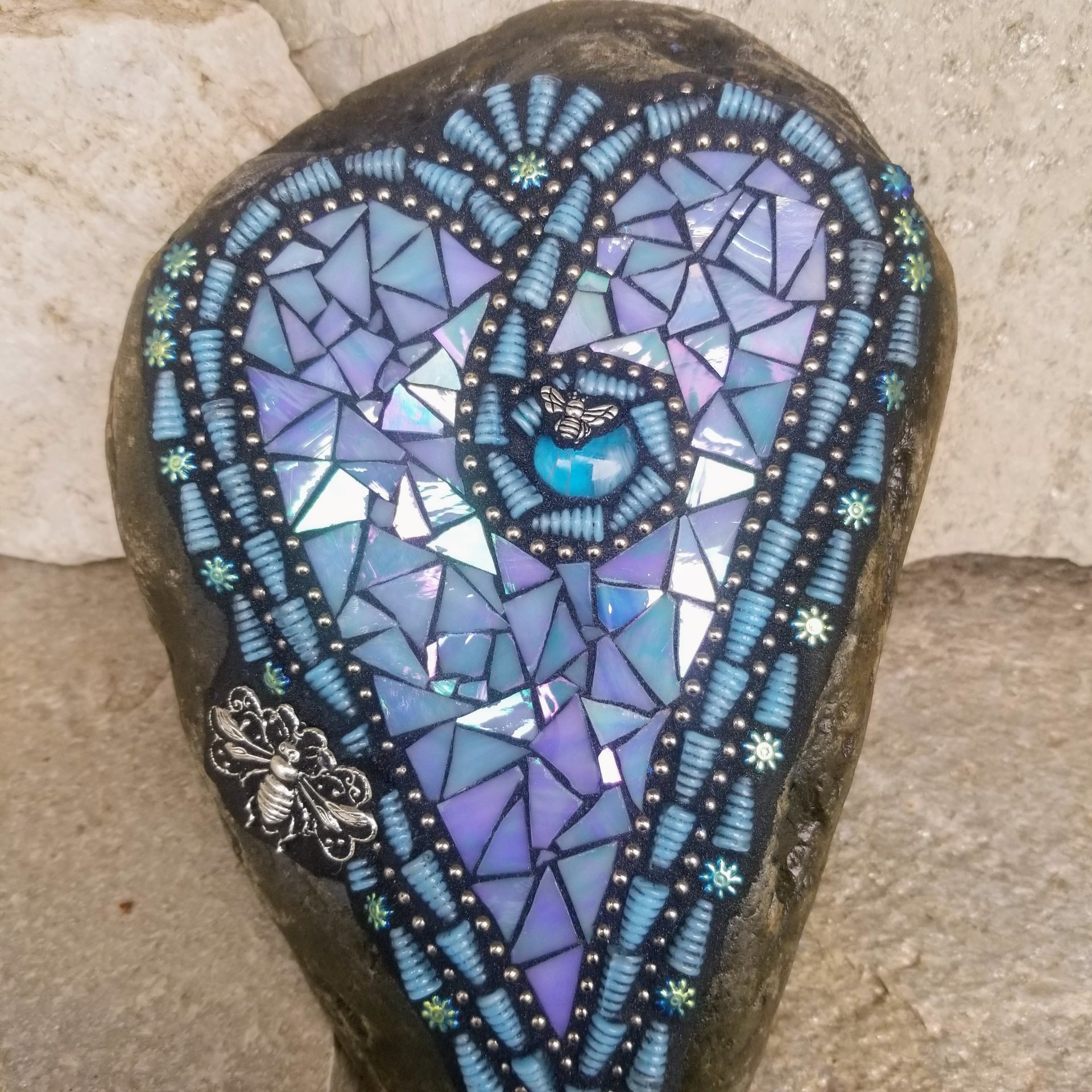 Iridescent Blue Mosaic Heart Garden Stone, Bee