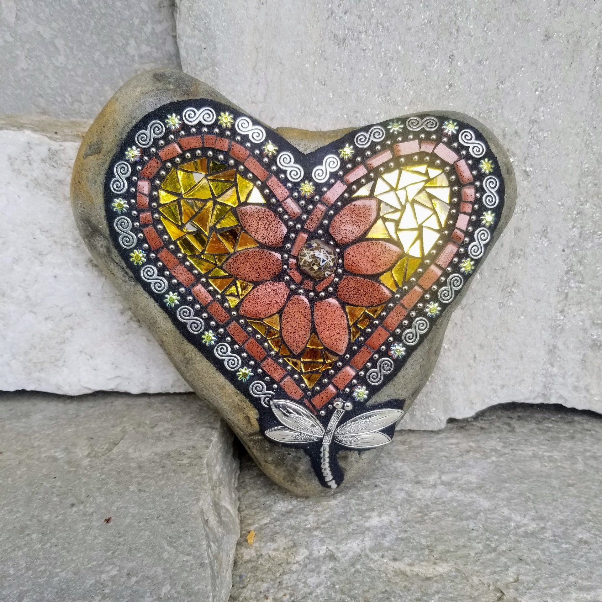 Gold and Copper Mosaic Heart Garden Stone 