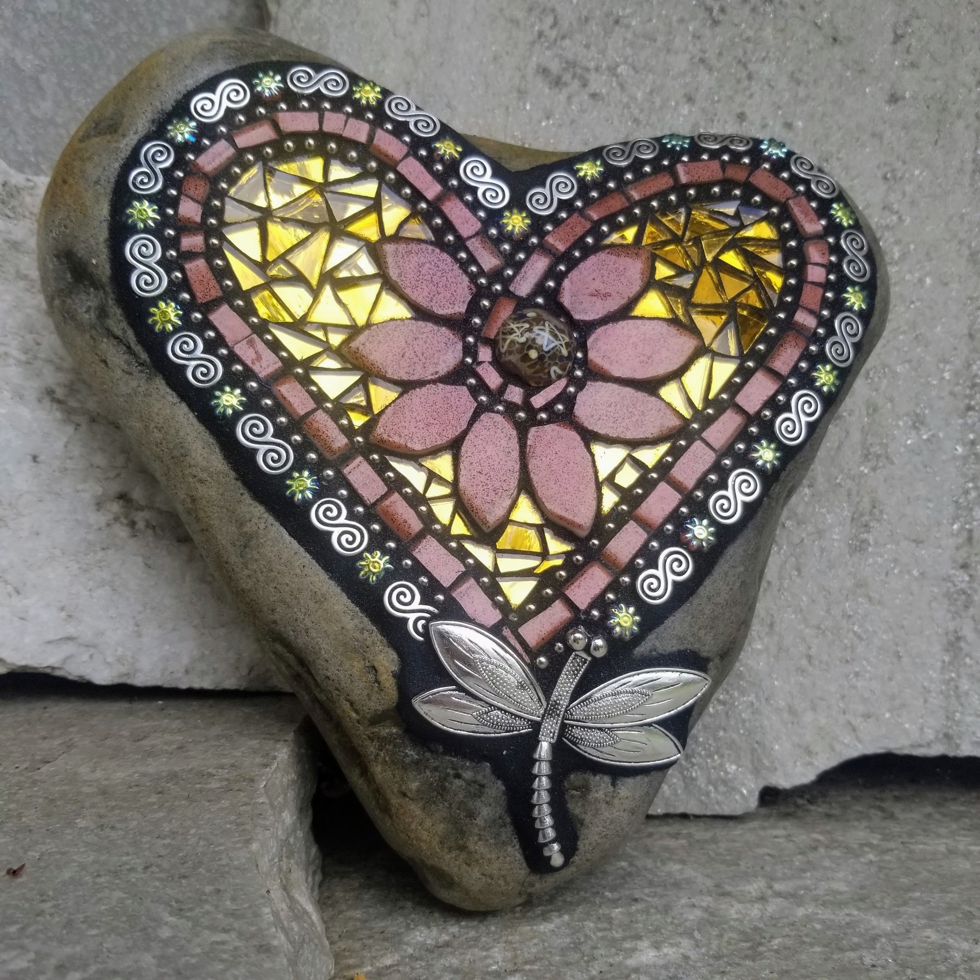 Gold and Copper Mosaic Heart Garden Stone 