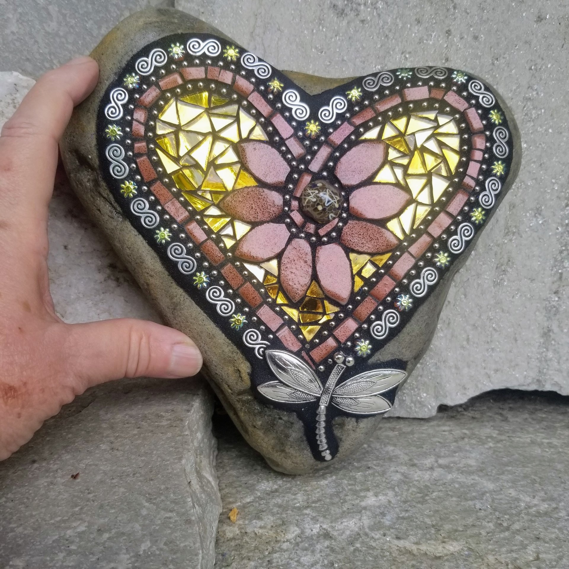 Gold and Copper Mosaic Heart Garden Stone 