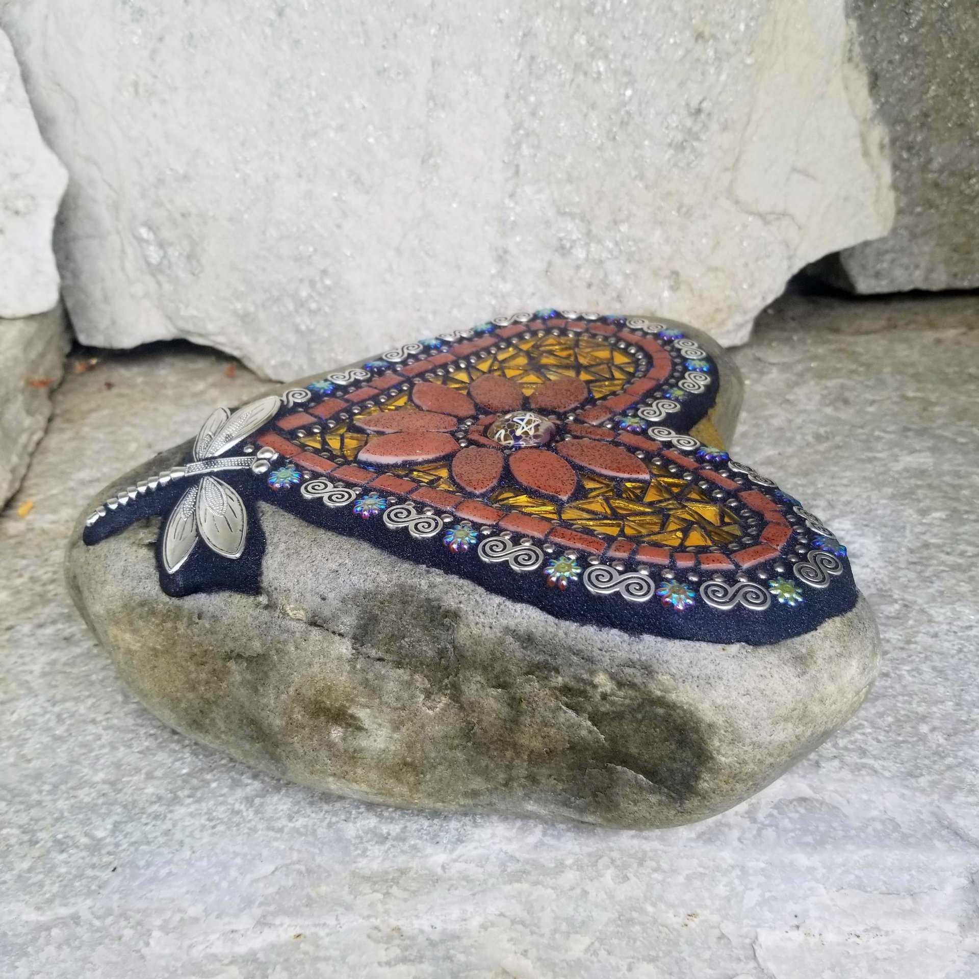 Gold and Copper Mosaic Heart Garden Stone 