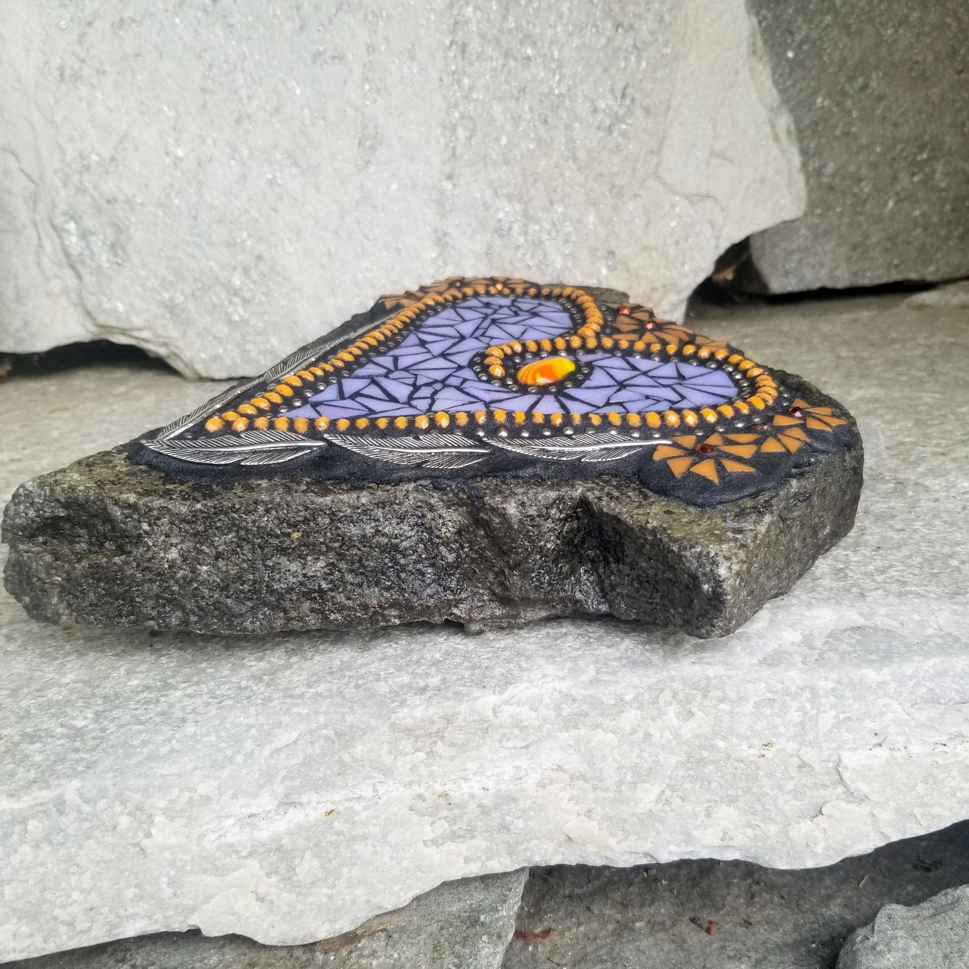 Lavender Heart Mosaic Garden Stone Orange Pinwheel Flowers