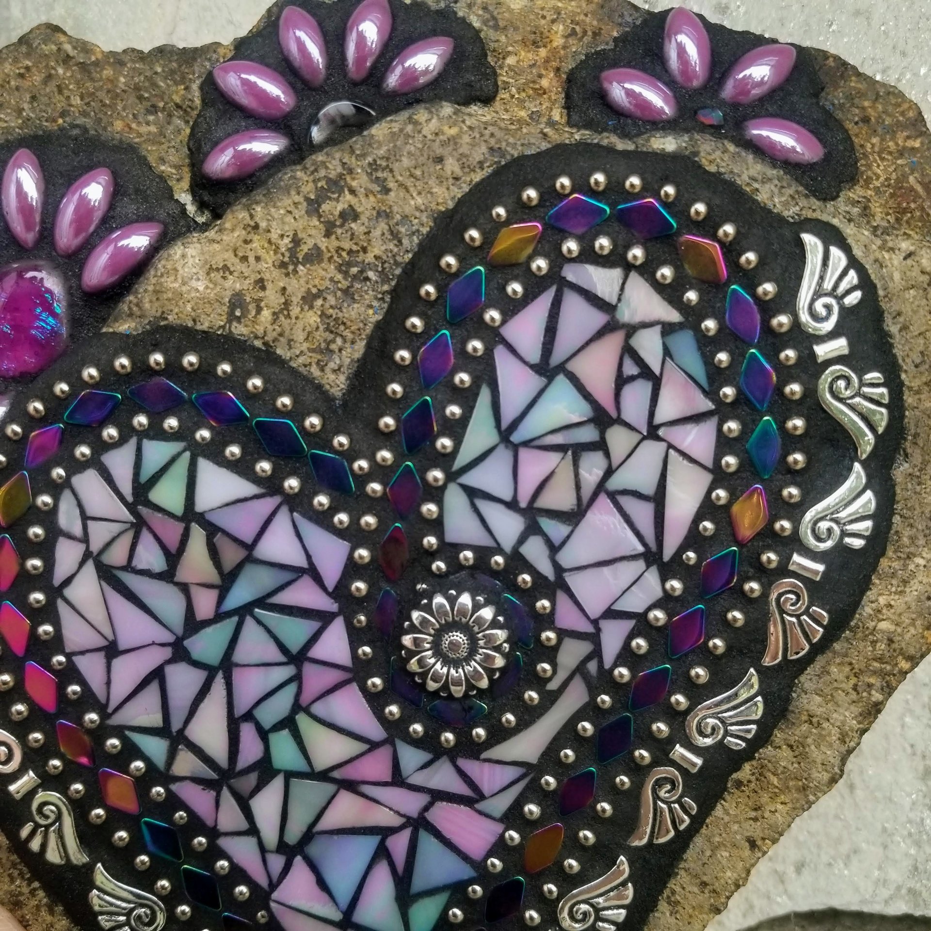 Iridescent Lavender Angel Wing Heart  Mosaic Garden Stone 