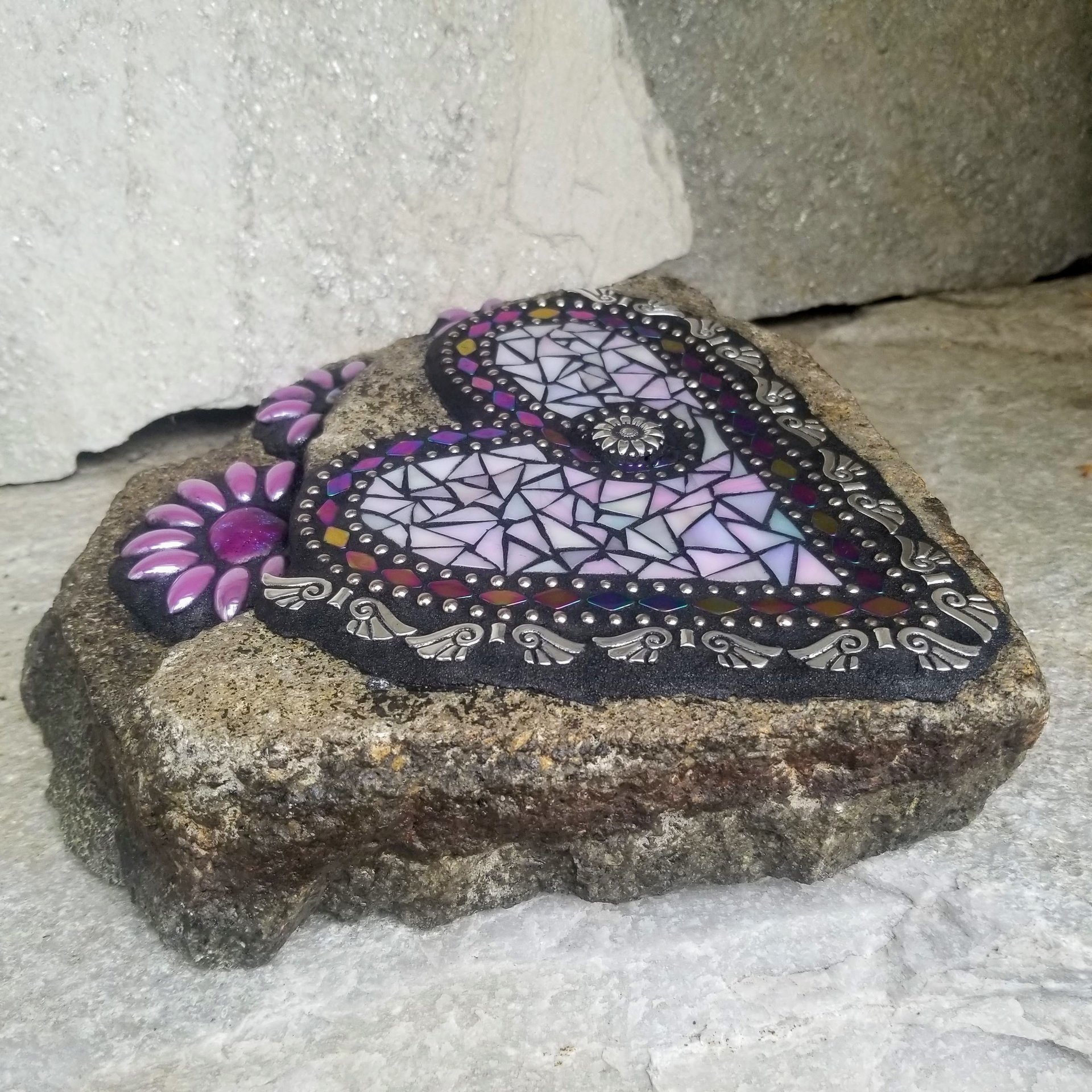 Iridescent Lavender Angel Wing Heart  Mosaic Garden Stone 