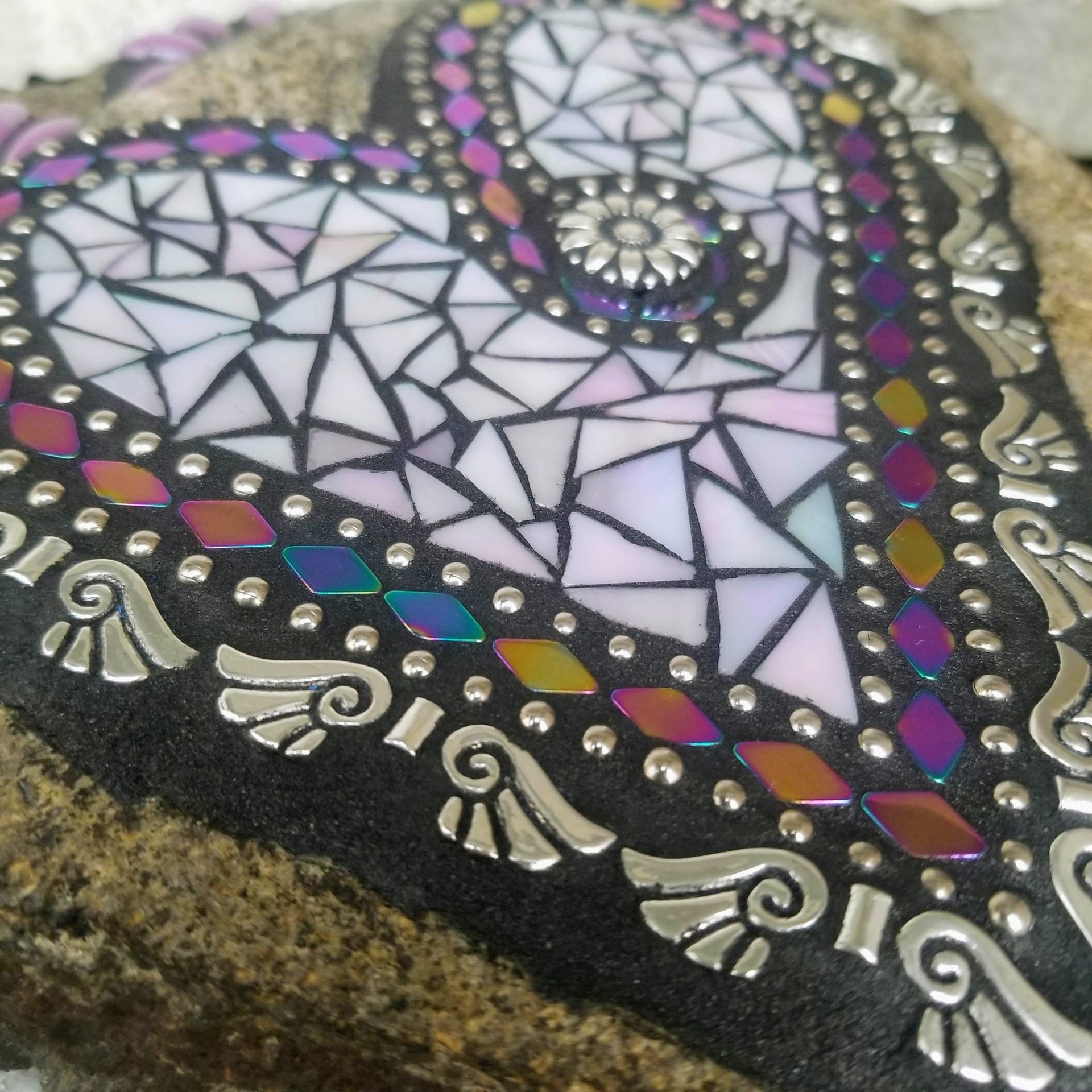 Iridescent Lavender Angel Wing Heart  Mosaic Garden Stone 