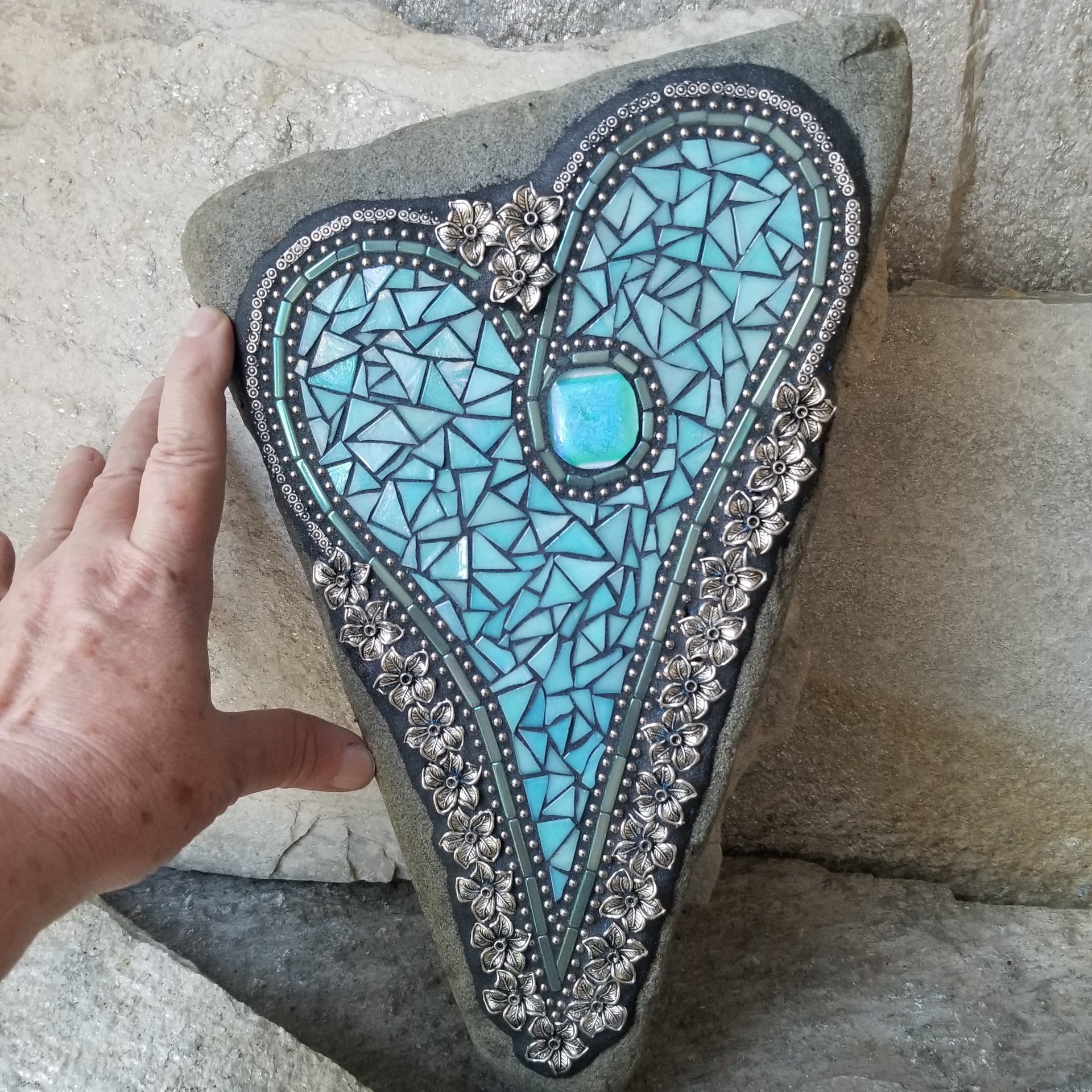 Iridescent Ocean Blue Mosaic Heart Garden Stone  