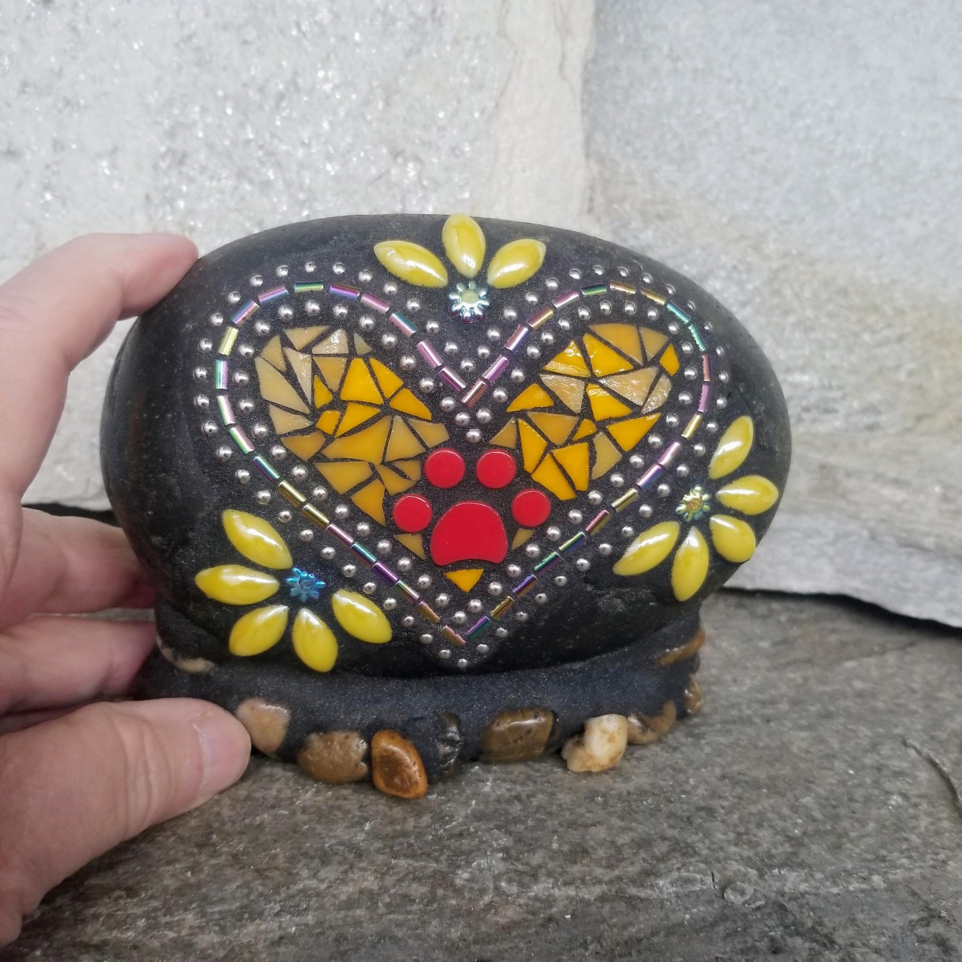 Orange Mosaic Heart Pet Memorial Yellow Flowers