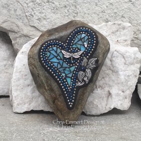 Iridescent Light Blue Heart, Mosaic Paperweight / Garden Stone