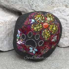 Yellow Flower w/Red, Black Paw Print - Garden Stone, Pet Memorial, Garden Decor'