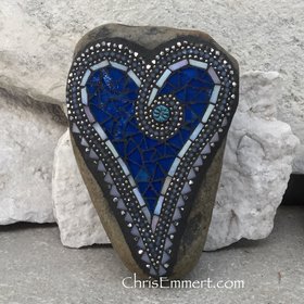 Royal Blue Mosaic Heart, Mosaic Rock, Mosaic Garden Stone,