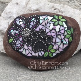 Iridescent White Flower, Black Paw Print - Garden Stone, Pet Memorial, Garden Decor'