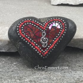 Red Valentine Heart, Music, G -clef, Mosaic Paperweight / Garden Stone