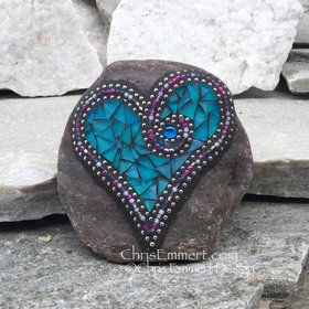 Iridescent Bright Blue Mosaic Heart, Mosaic Garden Stone, Gardner Gift, Garden Decor, Mosaic Rock