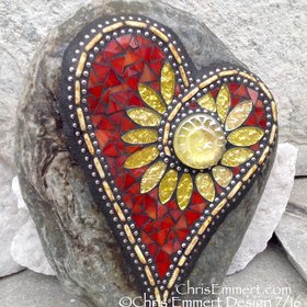 Sunflower Heart, Mosaic Rock, Gardener Gift, Home Decor, Mosaic Garden Stone