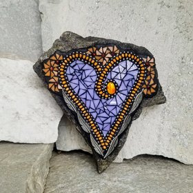 Lavender Heart Mosaic Garden Stone Orange Pinwheel Flowers